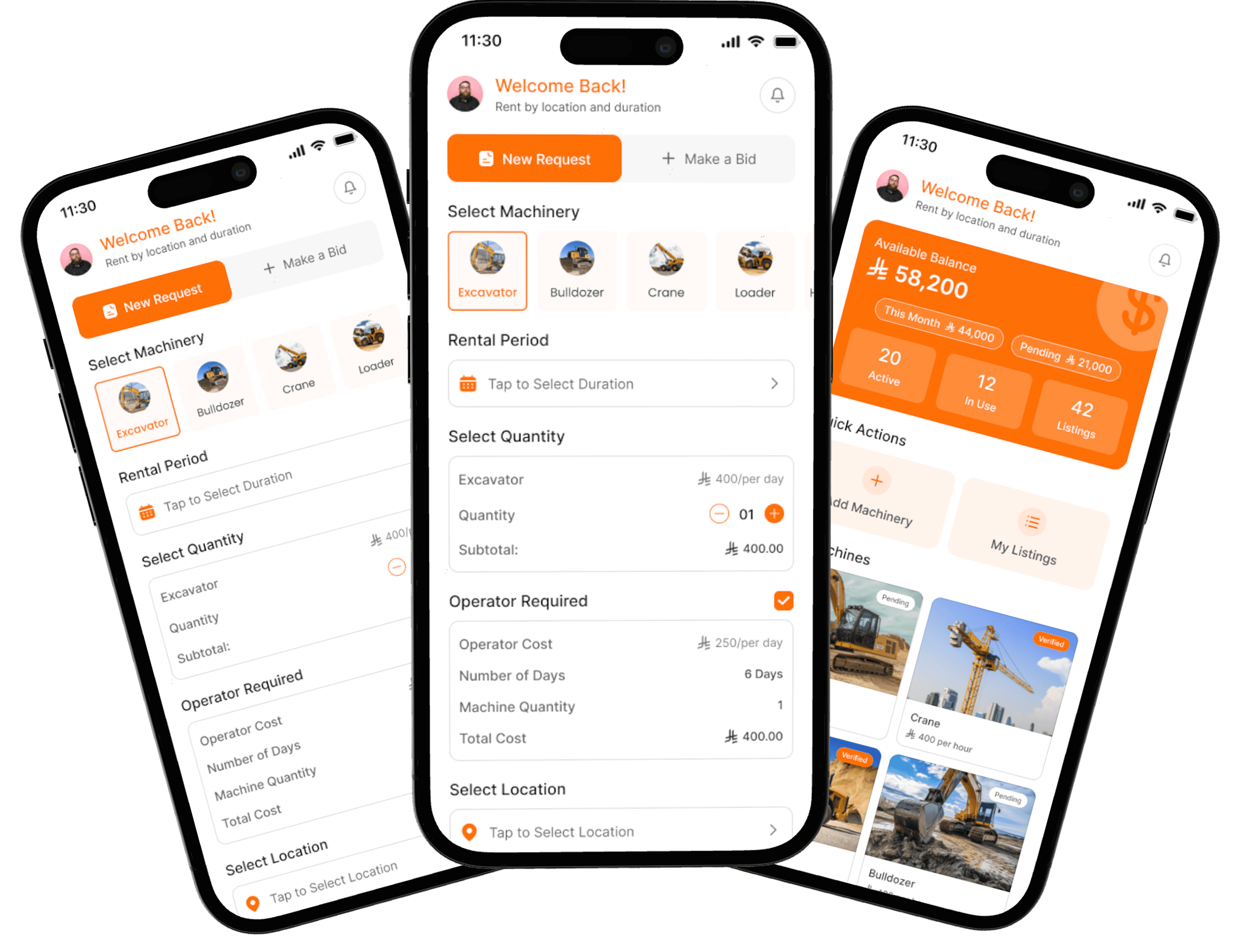RentalForce platform showing construction equipment rental marketplace with verified providers, quote comparison, and instant booking features